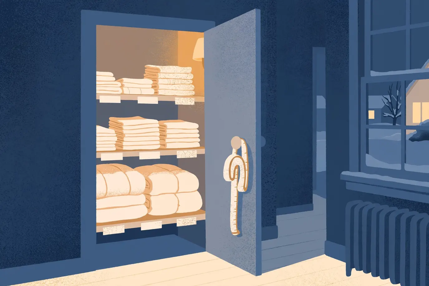 Open linen closet with folded sheets, comforters and throws stacked by size on labeled shelves and a tape measure hanging on the door.