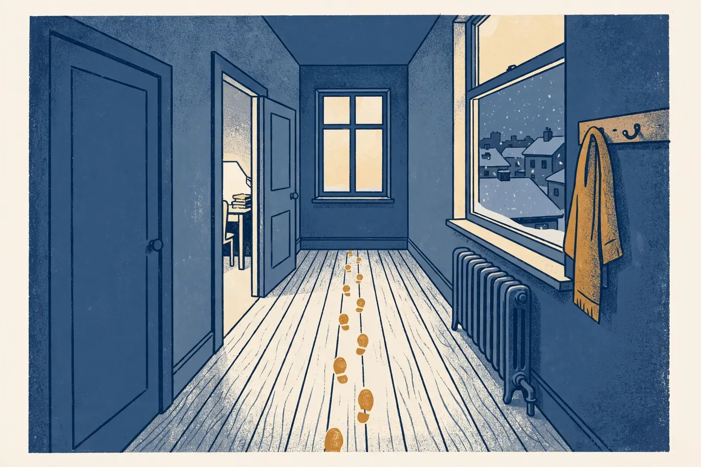 Long upstairs hallway with wooden floorboards, soft footprint marks along the floor and a window with snowy rooftops at the end.